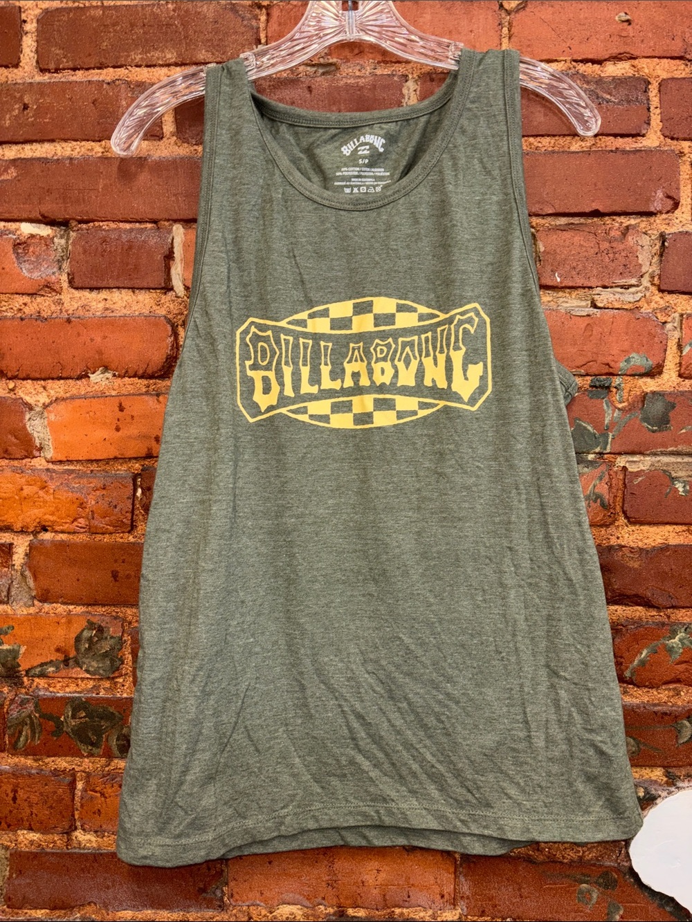 Billabong Olive Green Tank with‎ Yellow Checkerboard Logo Size Small